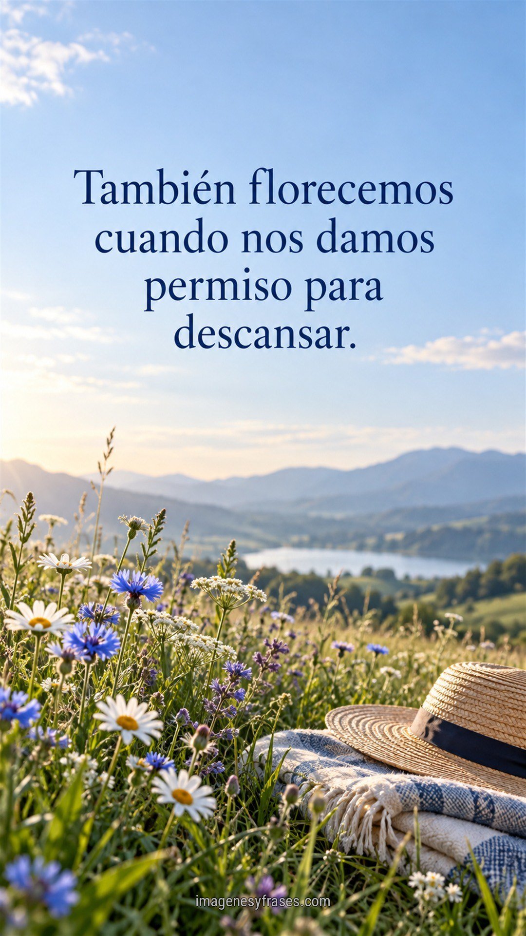 Fotografía de flores silvestres blancas y azules en una pradera, con manta, sombrero de paja y una frase sobre descansar para florecer.