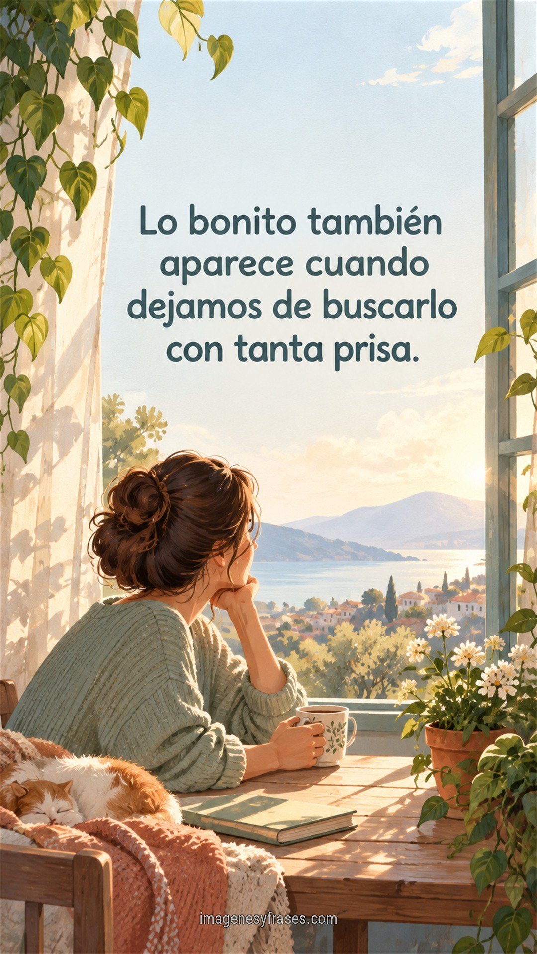 Ilustración de una mujer junto a una ventana luminosa con plantas, una taza y paisaje costero, acompañada por una frase sobre descubrir lo bonito sin prisa.
