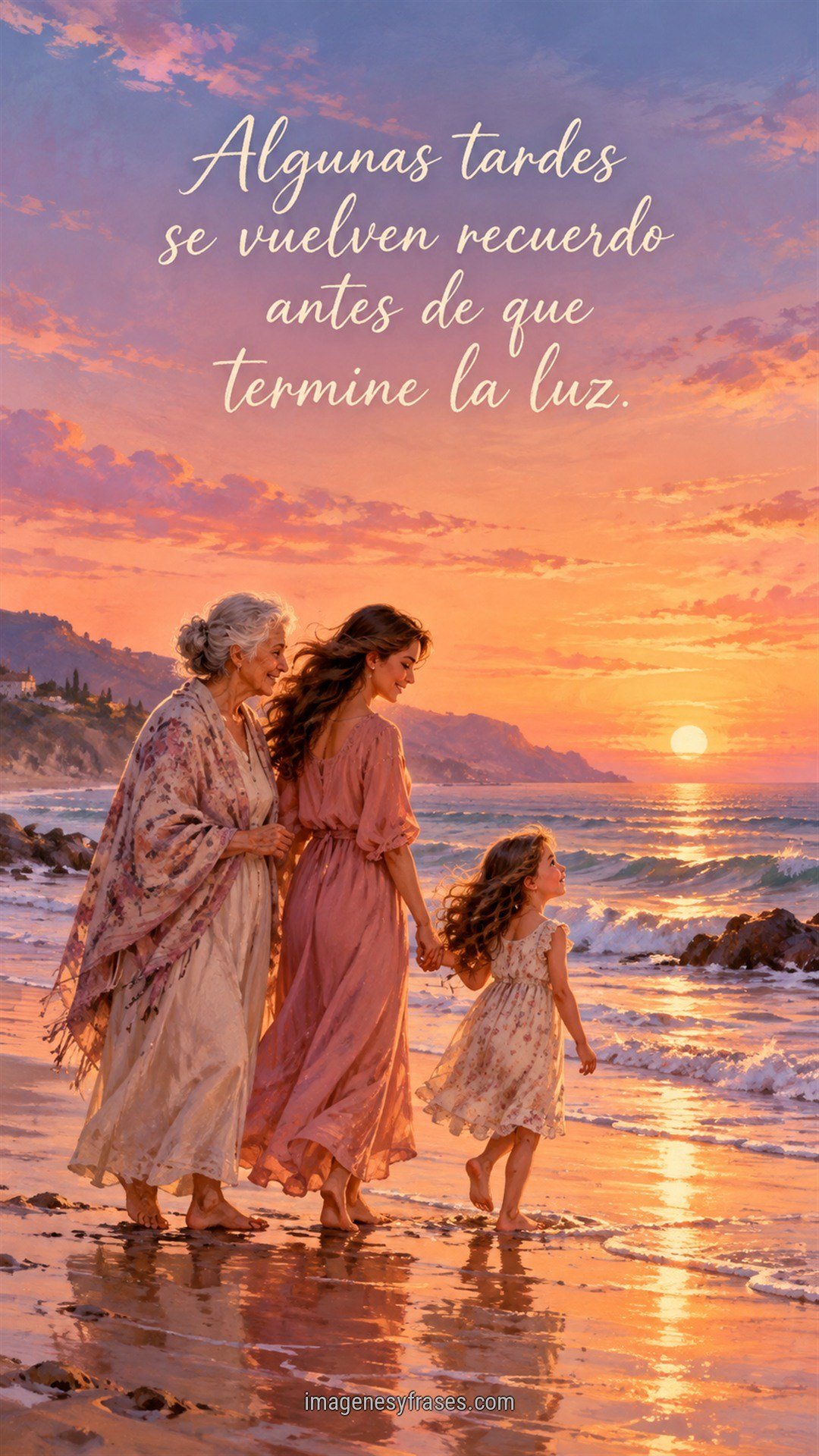 Ilustración de una abuela, una madre y una niña caminando juntas junto al mar durante un atardecer rosado, acompañada por una frase manuscrita.