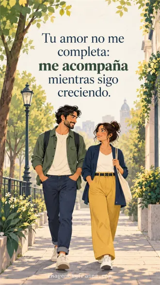 Pareja ilustrada caminando por un sendero urbano arbolado en colores verde salvia, amarillo y azul, con una frase sobre acompañarse mientras cada persona crece.
