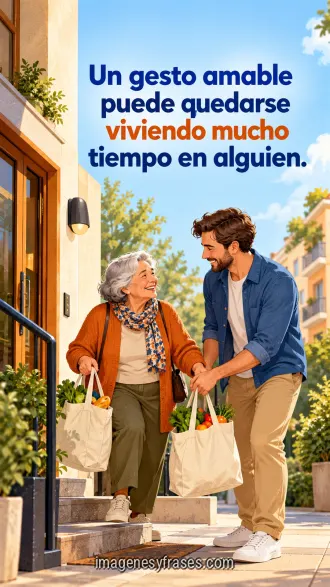 Ilustración de un hombre ayudando a una vecina mayor con bolsas de compras frente a un edificio, bajo una frase azul y naranja sobre la amabilidad.