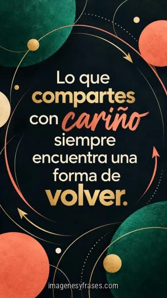 Diseño geométrico modernista con círculos y flechas en verde esmeralda, coral y dorado sobre fondo azul oscuro, acompañado por una frase central.