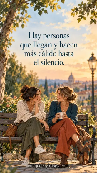 Ilustración de dos amigas conversando en un banco durante una tarde cálida, con árboles y una frase sobre personas que hacen más amable el silencio.
