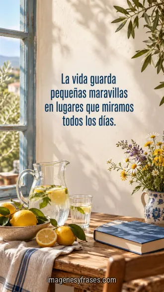 Fotografía de una mesa de madera con limones, jarra de agua, flores silvestres y un libro azul junto a una ventana, acompañada por una frase.